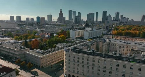 Picturesque 4k aerial drone footage of Warsaw, Poland's capital city. Urbanistic architectural view