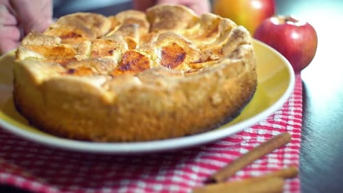 Baked Apple Pie. Golden Colored Apple Pie with Crispy Crust. Freshly Baked