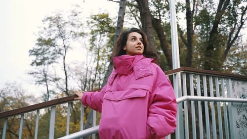 Pretty Young Woman Enjoying Walk in the City Park Going Down the Stairs Autumn Urban Street Fashion