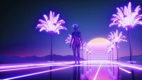 Personnage féminin marchant entre des palmiers luminescents en néon sur fond d'onde de synthèse en boucle
