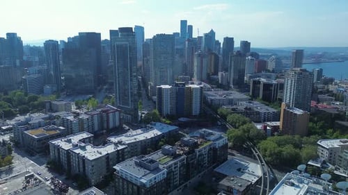 Drone aerial landscape of city towers buildings urban skyscrapers CBD of Seattle Washington downtown