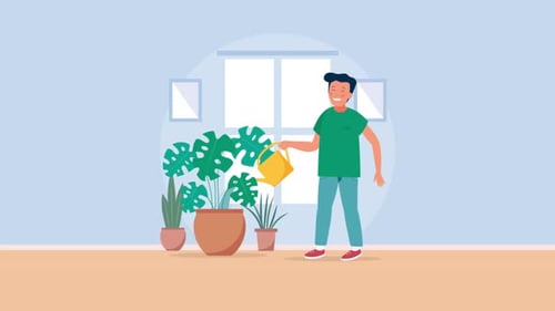 Man Watering Houseplant in Flat Design Style Animation