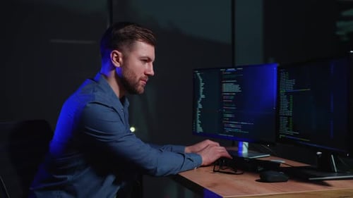 Programmer Writes Codes in Office at Night