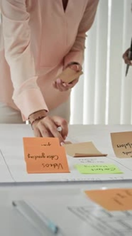 Los gerentes de proyecto colocan pegatinas en papel para el plan de negocios