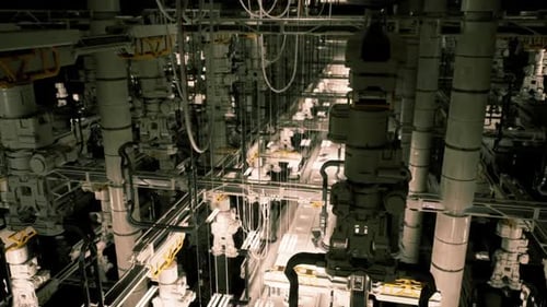 Aufbau von Industriemaschinen in einer dunklen Produktionsstätte bei Nacht