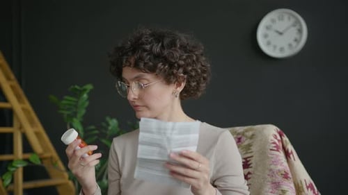 Woman Reading Medicine Instructions Carefully Indoors