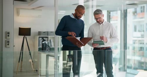Business men, document and discussion in office with finance report, budget review and statement
