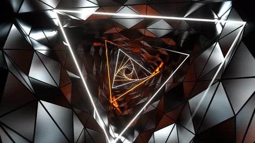 Orange And White Neon Ribbed Triangular Spiral Tunnel Background Vj Loop In 4K