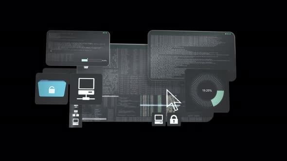 Hacker interface with different windows, lines of code programs ...