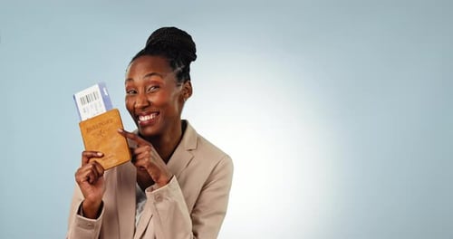 Pointing, flight and a black woman with a ticket for travel, presentation or information