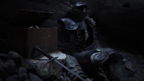 Chevalier se reposant dans une grotte près d'un coffre au trésor alors que des ombres se profilent