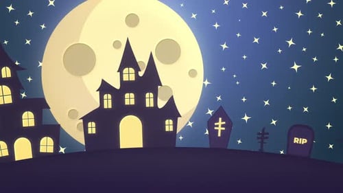 Animated Halloween Night Scene with Haunted Houses and Graveyard