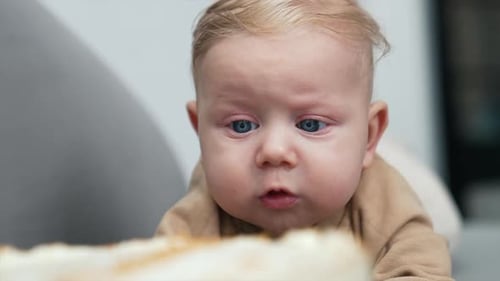 Face of a lovely Caucasian baby boy with fair hair. Cute child portrait with big blue eyes. Close up