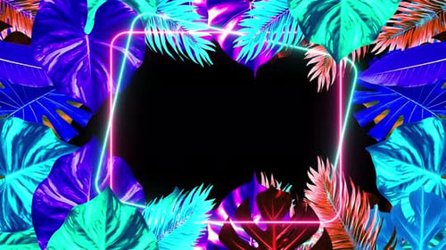 Lebendige Neon-Rahmenanimation mit tropischen Blättern, farbenfrohe tropische Blätter und ein abgerundetes Neonlicht in der Mitte