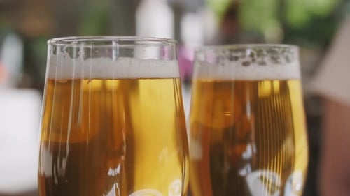 Celebration Beer Cheers Concept, Nahaufnahme von Händen, die Gläser eines Bieres hochhalten, von einer Gruppe im Freien