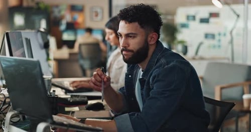 Web developer, man and technology in office with thinking of solution for website troubleshooting