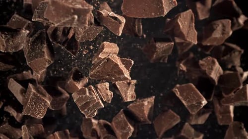 Delicious Chunks of Chocolate Floating in the Air