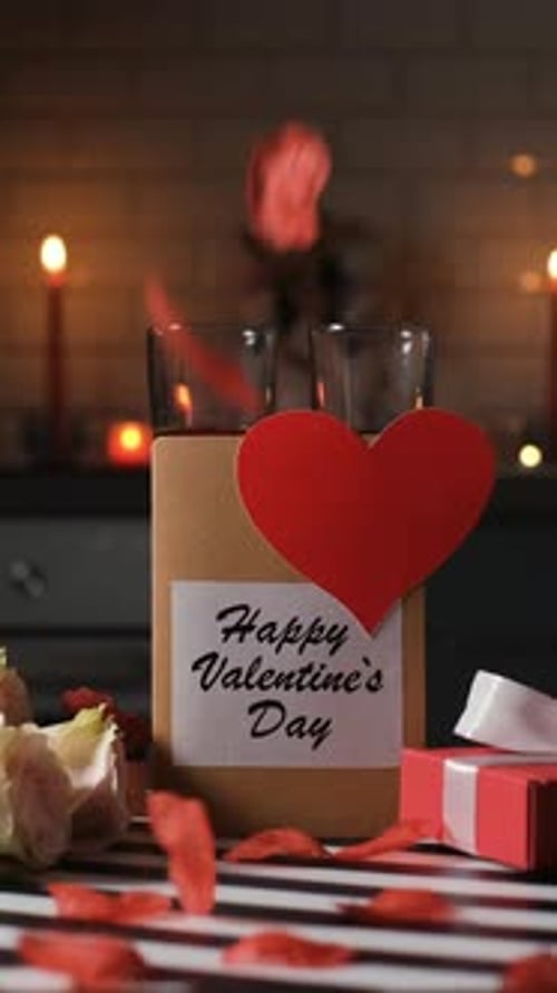 Valentines Day Romance with Gift, Flowers, and Candles