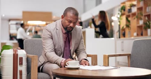 Documents, hotel lobby and business man writing for proposal, company report and contract review