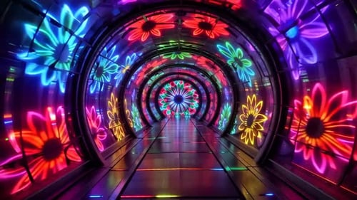 Futuristic Neon Floral Tunnel Abstract Loop Animation