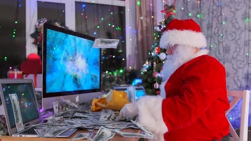 Santa Throws Money in the Air Symbolizing Festive Bonuses and Surprises