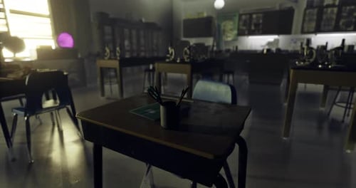 Classroom with Empty Desks and Science Equipment in Afternoon Light