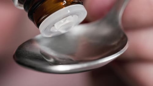 Treatment of Diseases Medical Drops From a Bottle with a Dispenser Drip Into a Spoon Closeup