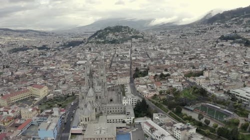 Drone shot of La Basilica del Voto Nacional located in the historic center of Quito, Ecuador. Virgin