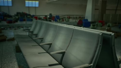 Abandoned Airport Terminal with Neglected Seating and Scattered Debris