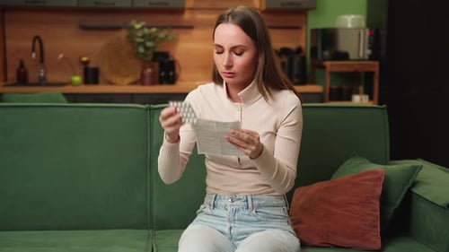Young Brunette Woman Suffering From a Headache Reads the Instructions From Pills Sitting on a Green