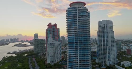 Night Aerial View of South Pointe Park Miami Beach at duskSkyline Miami Buildings Panorama From