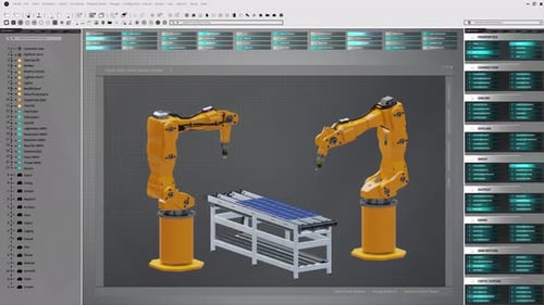 Rendu 3D d'un programme informatique gérant des bras robotiques construisant des panneaux solaires