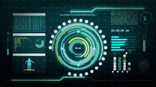 Futuristic Heads-Up Display with Animated Data and Holographic Human Figure
