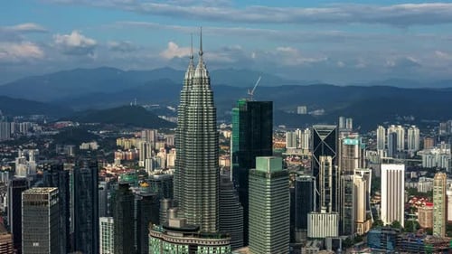 Aerial view of Kuala Lumpur skyline with iconic Petronas Twin Towers amidst other skyscrapers
