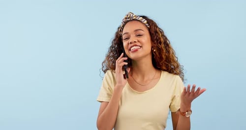 Smile, phone call and woman in a studio laughing for comic, comedy or funny joke in conversation