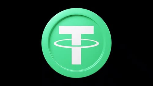 Tether usdt coin 3d rotage 360 degrees in black bg Cryptocurrency token seemless loop