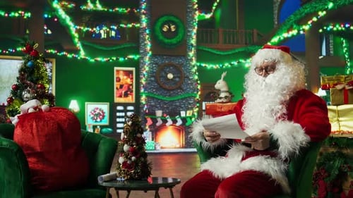 Santa Claus Reading a Letter Indoors at Christmas