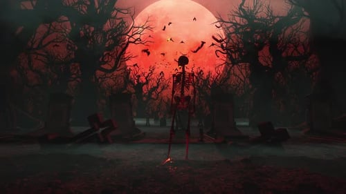 Skeleton Rises in Graveyard Against Blood Moon and Spooky Forest with Flying Bats
