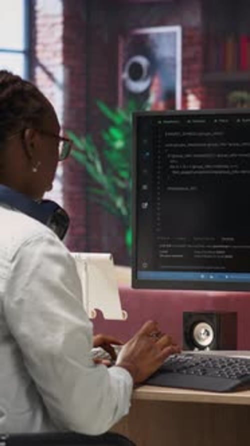 Vertical Video Woman Works with AI Deep Neural Networks on PC at Home