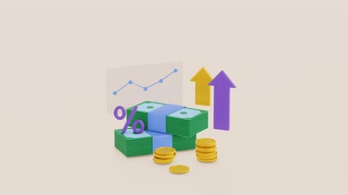3d animation of money, Financial diagram and charts. Stack of coins, dollar bills, infographics.