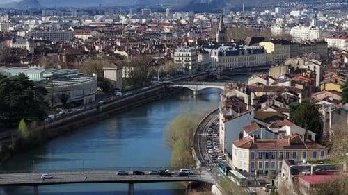 Grenoble Cityscape Along with Saint Andre Church Tower Isere River Crossing the City Center and