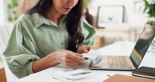Woman, hands and receipt with calculator or laptop for budget, bills or company expenses at office