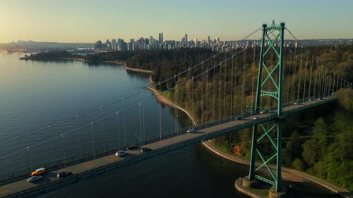 Aerial View of Lions Gate Bridge and Stanley Park at Dawn Canada
