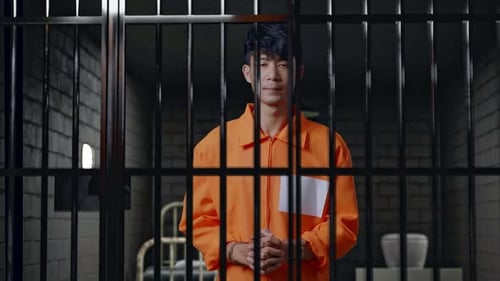 Prisoner In Handcuffs In Prison, Shaking His Head Being Upset