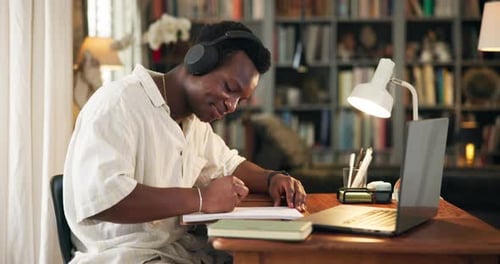 University, library and black man with headphones on laptop for online learning