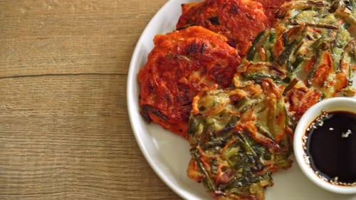 Crispy Korean Pancakes with Dipping Sauce Close Up