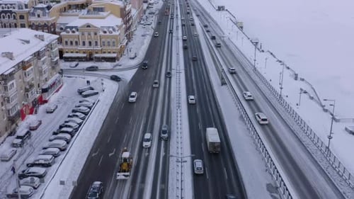 Aerial View From Above of Cars Traffic on a Winter City Street