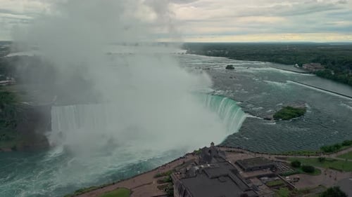 Cinematic Drone View of Niagara Falls on a Cloudy Morning