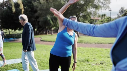 Senior sport people having fun during yoga class outdoors at park city. Elderly community workout