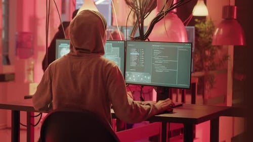 Hooded Hacker Coding at Dual Monitors in Dark Office